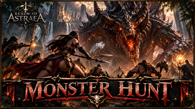 Astraea adventurers confront an enormous fiery monster